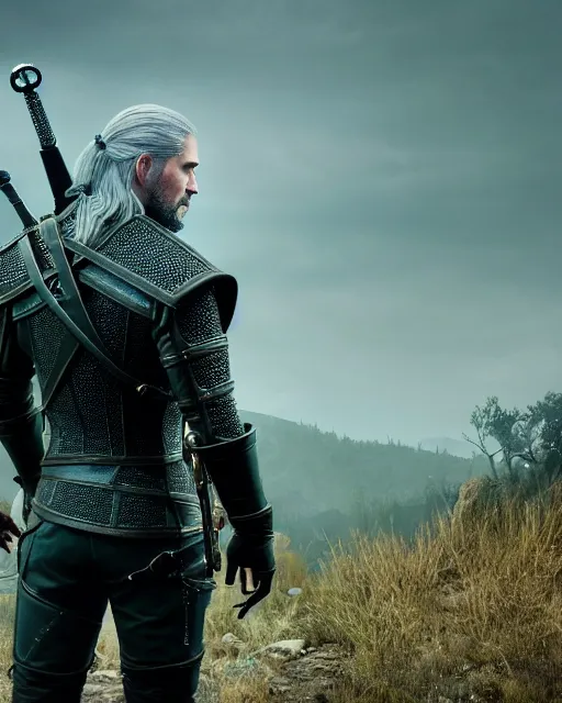 Image similar to Keanu Reevez in the role of Witcher III Gerald of Rivia, amazing short, 8K, IMAX, ultra detailed