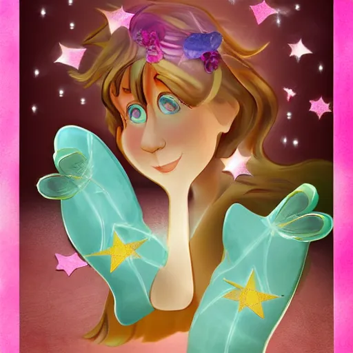 Prompt: a fairy wearing slippers in the shape of a star, realistic digital art