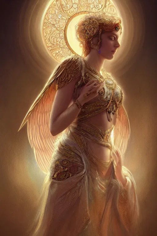 Image similar to A beautiful digital painting of a female Seraphim, intricate jewels, princess, intricate, cinematic lighting, highly detailed, digital painting, Artstation, concept art, smooth, sharp focus, illustration, art by Tom Bagshaw, Artgerm and Greg Rutkowski