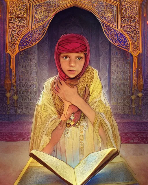 Image similar to a bedouin child infront of an big open quran highly detailed, gold filigree, romantic storybook fantasy, soft cinematic lighting, award, disney concept art watercolor illustration by mandy jurgens and alphonse mucha and alena aenami, pastel color palette, featured on artstation