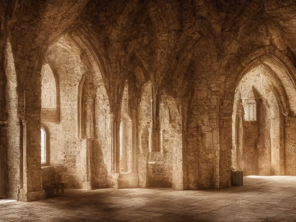 Image similar to luxury interior of a medieval monastery volumetric light morning cinematic photo,