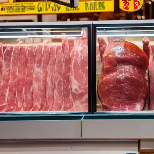 Prompt: peppa pig standing in a butcher shop staring at a display full of meats, sausages, and ham