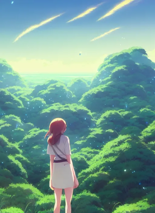 Image similar to portrait of emma stone, cloudy sky background lush landscape illustration concept art anime key visual trending pixiv fanbox by wlop and greg rutkowski and makoto shinkai and studio ghibli