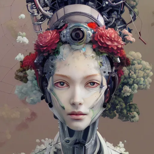 Prompt: surreal gouache painting, by yoshitaka amano, by ruan jia, by conrad roset, by good smile company, detailed anime 3 d render of a female mechanical android head with flowers growing out, portrait and white background, cgsociety, artstation, rococo mechanical costume and grand headpiece, dieselpunk atmosphere