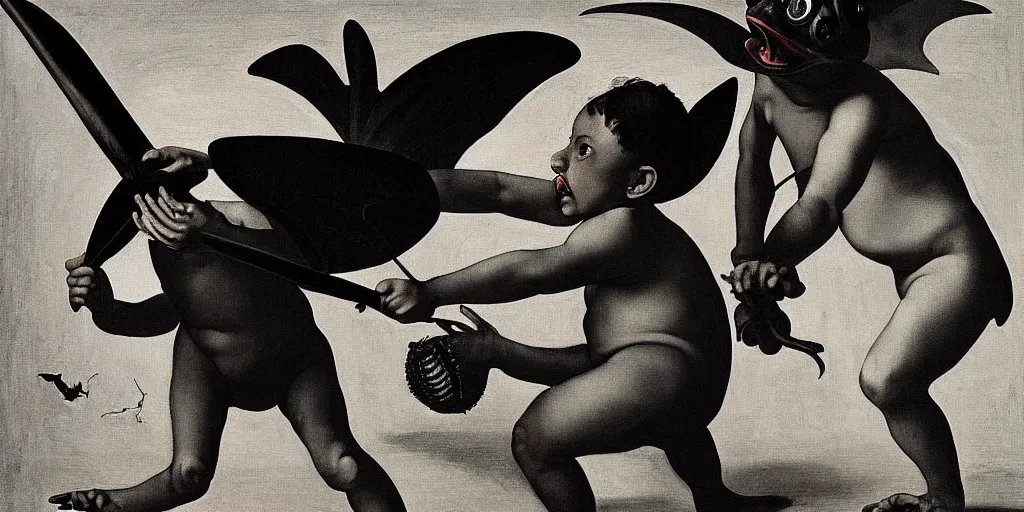 Image similar to “A painting by Caravaggio Dali Steichen depicting an early precursor to baseball called frogbat in which smiling children swing large black bats by their bat wing to hit a frog ball thrown by an insane child. The giant winged black bats love being swung by the children. 8k, mixed media, vray, maya, Houdini, zbrush, unreal engine, detailed, black bats, trending on artstation. ”