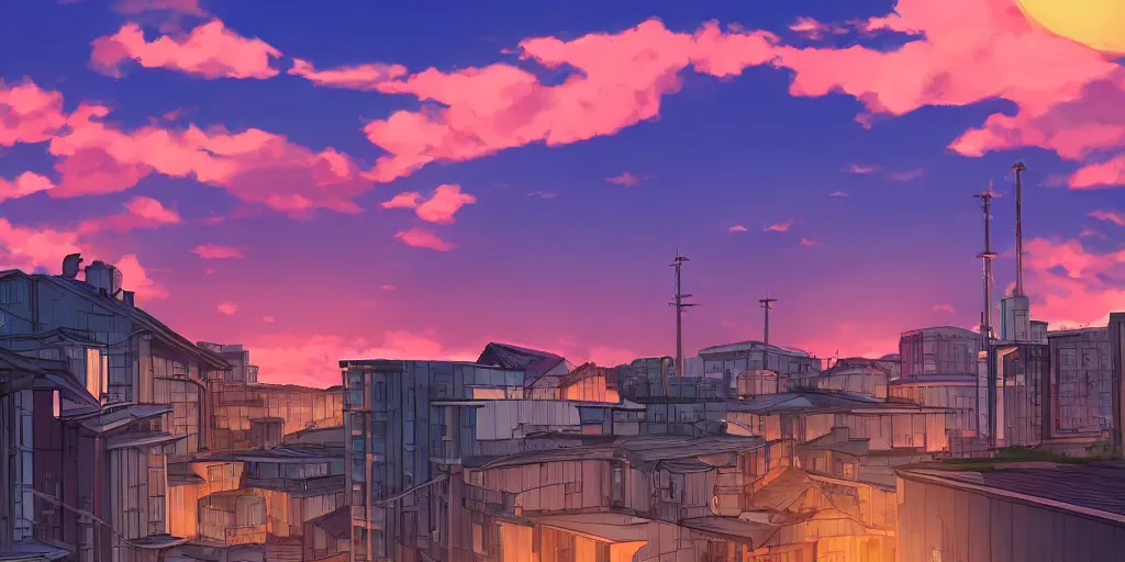 Image similar to a soviet city panel building house with sunset sky, ultra high quality, 4 k, by miyazaki and makoto shinkai, anime screenshot, colorful, artstation, pixiv,