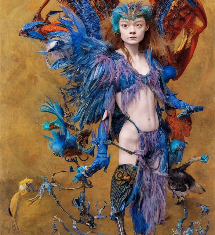 Image similar to a portrait photograph of a meditating fierce sadie sink as a colorful harpy bird super hero with blue mutated skin. she has animal skin grafts and cyborg body modifications and implants. by donato giancola, hans holbein, walton ford, gaston bussiere, peter mohrbacher and brian froud. 8 k, cgsociety, fashion editorial