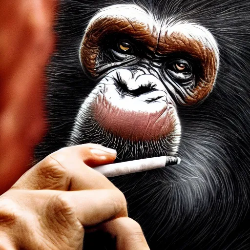 Image similar to a high detail photo of donald trump smoking a cigarrette, subject= chimp, subject detail: extremly detailed, subject action: smoking a cigar, photorealism, dramatic lighting, award winning photograph, trending on artstation