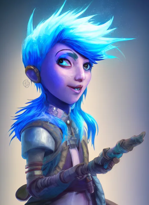 Prompt: young adult rock gnome artificer with blue hair, digital drawing, dndbeyond, bright, colourful, realistic, dnd character portrait, full body, rpg, concept art, behance hd, artstation, deviantart, global illumination, radiating a glowing aura, ray tracing hdr render in unreal engine 5