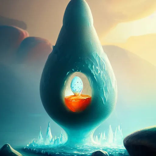 Prompt: magic frozen ice phoenix egg, deadly potion flowing from the top on the egg, rock and sand around, peter mohrbacher style, ray tracing, cinematic, digital art, realistic, octane render