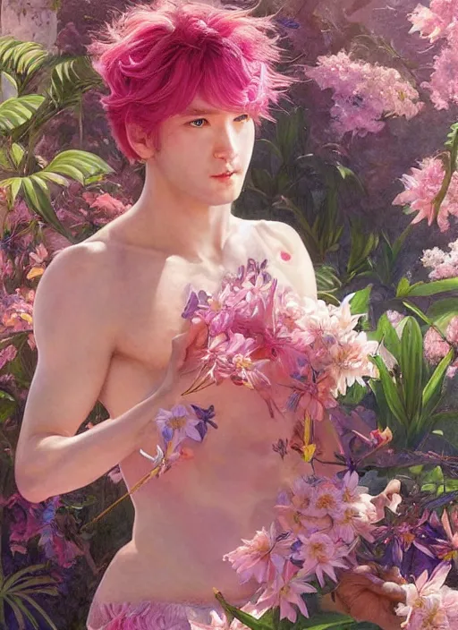 Prompt: harmony of pink haired yoongi wearing greek clothes, muted colors, colorful flowers, tropical, sunlight filtering through skin, dynamic hair movement, dynamic pose, glowing butterflies, j. c leyendecker, by alan lee, wlop! illustrated by starember, fantasy art by craig mullins