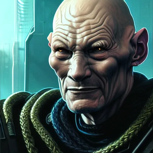 Image similar to portrait painting of a cyberpunk orc doctor who looks like patrick stewart with tusks, shadowrun, ultra realistic, concept art, intricate details, eerie, highly detailed, photorealistic, octane render, 8 k, unreal engine. art by artgerm and greg staples and elsa beskow and brian froud and jessica rossier