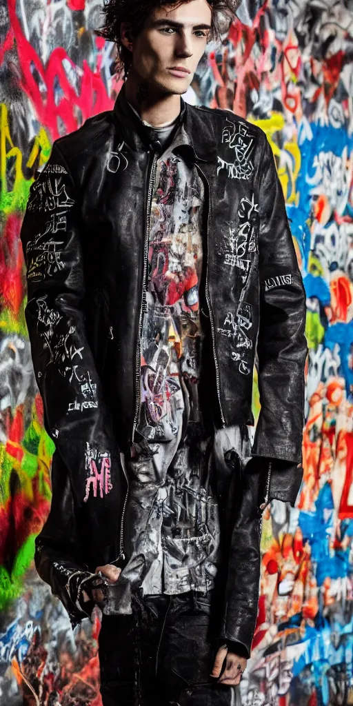 Image similar to an editorial photo of a male model wearing a distressed baggy cropped leather menswear jacket with graffiti all over, 4 k, studio lighting