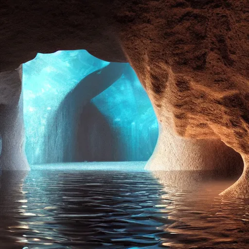 Prompt: perfectly geometric fiberglass door cut into a cave wall, cenotes water, reflections, epic, digital painting, in the style of noah bradley,