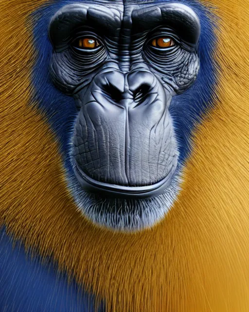 Prompt: gold, blue, head to shoulders illustration of a chimpanzee, 3 d, 8 k, extremely detailed, artstation