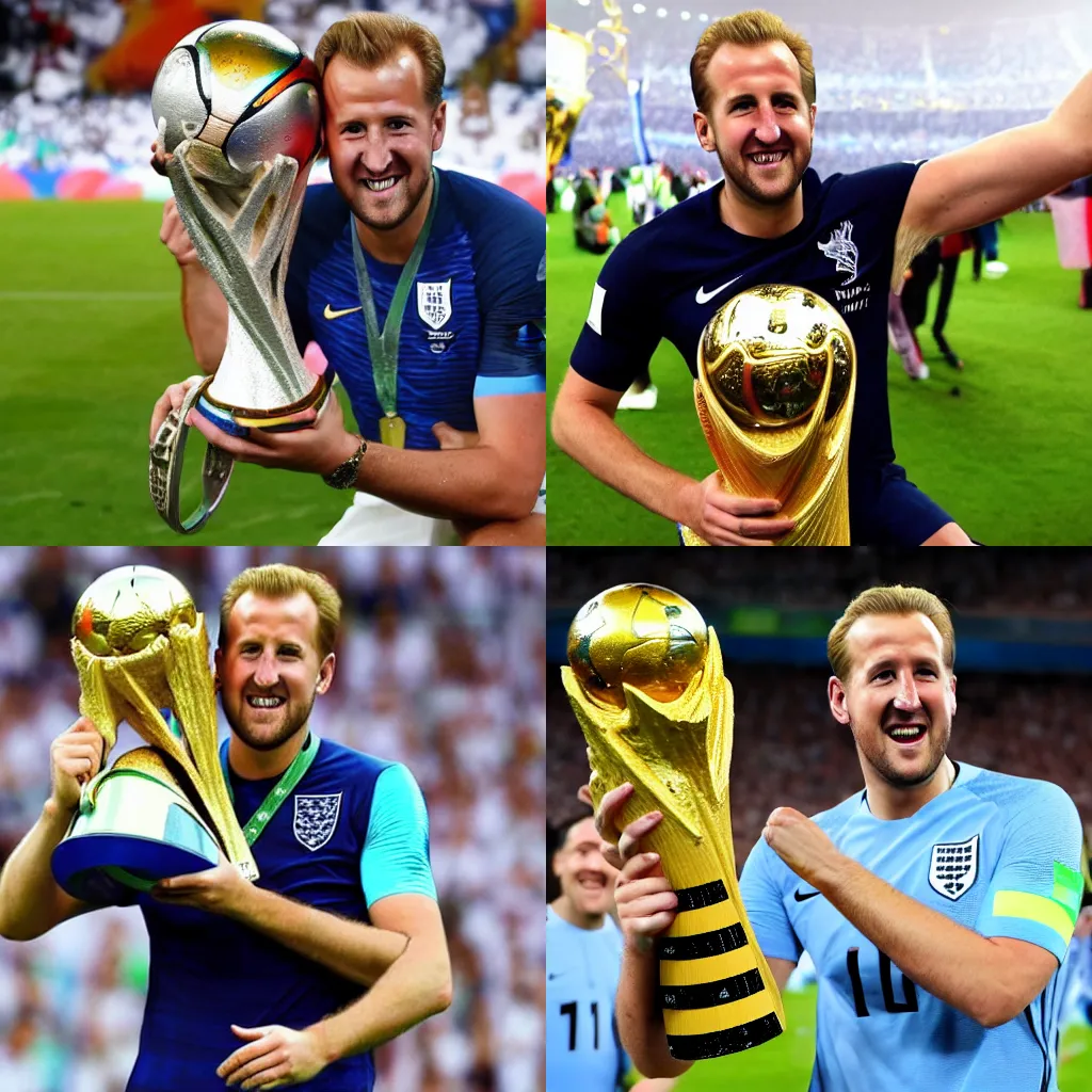 Prompt: Harry Kane wins the World Cup and kisses the Jules Rimet trophy