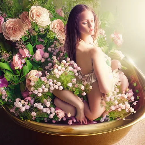 Image similar to photorealistic digital portrait of cute girl model, hair of flowers, in a gold bathtub full of flowers, natural lighting, 5 0 mm still image, artistic, award winning, elegant, by annie leibovitz,