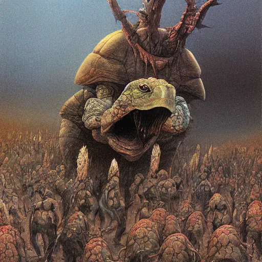 Image similar to tortoise monstrous screaming in agony dark fantasy, intricate, smooth, artstation, painted by Wayne Barlowe, zdislav beksinski