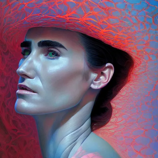 Image similar to Fractal portrait of Jennifer Connelly, very coherent, painted by Edward Hopper, Wayne Barlowe, painted by James Gilleard, airbrush, art by JamesJean