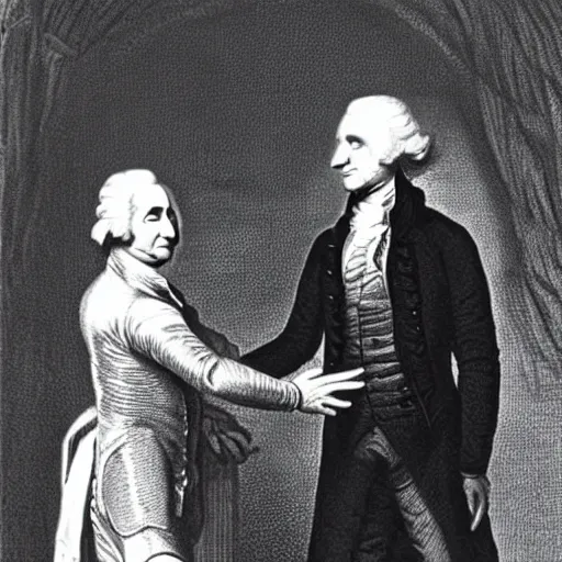 Image similar to short scary alien shaking hands with george washington in an 1800s photograph