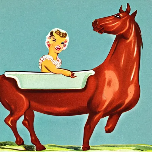 Image similar to vintage 1 9 5 0 s illustration of a horse sitting in a tub full of baked beans