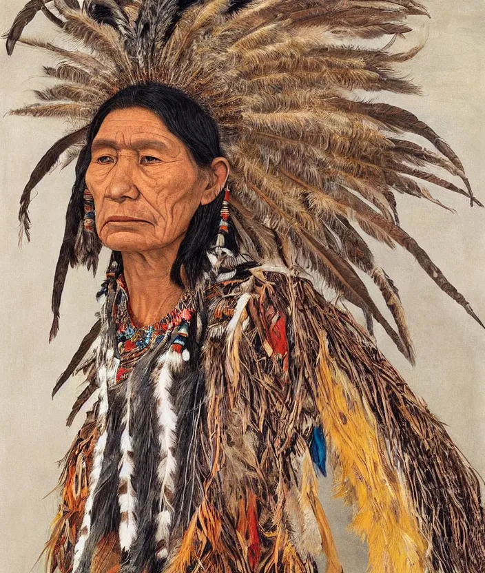 Image similar to full body shot picture of indigenous people woman leader in canyon, painted by lucian freud, intricate costume design, beautiful feathers, hd, super detailed, realistic, muted colors