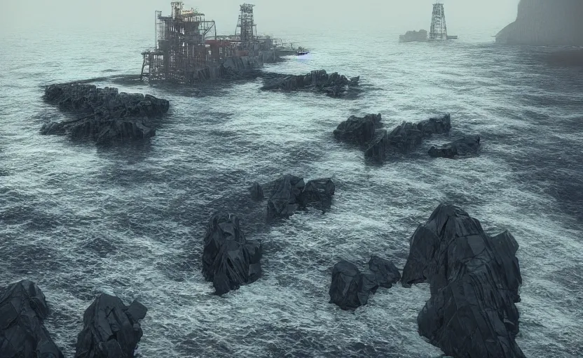 Image similar to old offshore oil rig, directed by charlie kaufman ( 2 0 0 1 ) anamorphic lenses, a rocky shore in the foreground, foggy volumetric light morning, a beam of light from the heavens, cinematic trending on artstation in the style of greg rutkowski