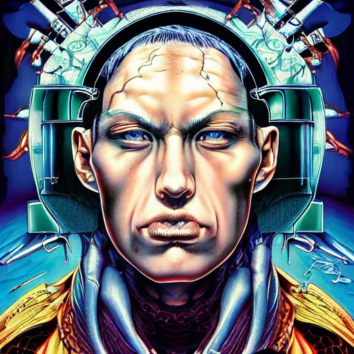 Prompt: portrait of crazy eminem, symmetrical, by yoichi hatakenaka, masamune shirow, josan gonzales and dan mumford, ayami kojima, takato yamamoto, barclay shaw, karol bak, yukito kishiro