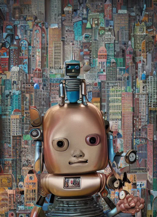 Image similar to closeup portrait of tin toy robot city, depth of field, zeiss lens, detailed, symmetrical, centered, fashion photoshoot, by nicoletta ceccoli, mark ryden, lostfish, breathtaking, 8 k resolution, extremely detailed, beautiful, establishing shot, artistic, hyperrealistic, octane render