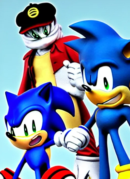 Image similar to sonic the hedgehog and jotaro kujo from jojo's bizarre adventure hanging out, photorealistic