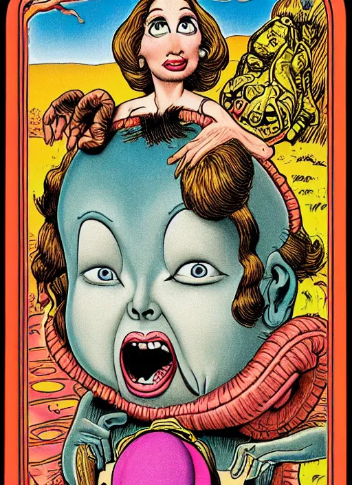 Prompt: portrait of a beautiful woman by basil wolverton and robert crumb in the style of a garbage pail kids card, tarot card, play - doh