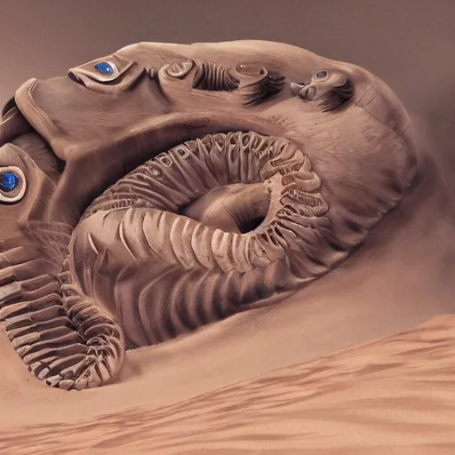 Image similar to dune sandworm emerging from sand with a photorealistic face of Joe Biden; 4k