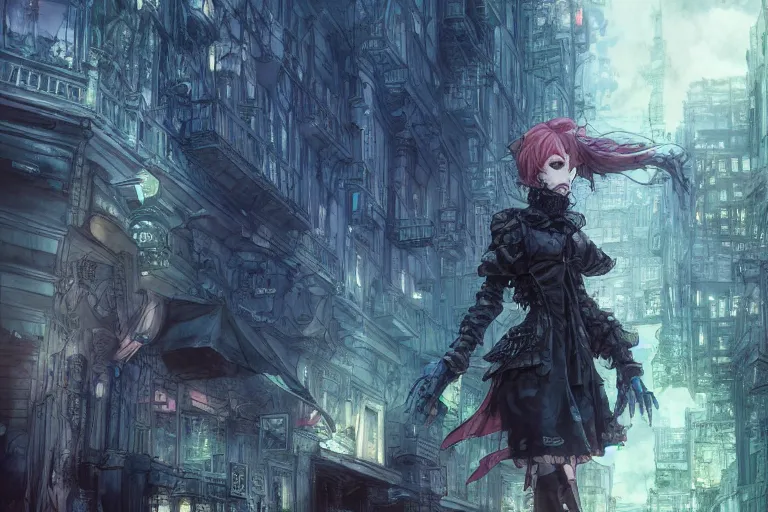 Image similar to goth woman in front of city, color page, tankoban, 4 k, tone mapping, akihiko yoshida, james jean andrei riabovitchev marc simonetti, yoshitaka amano, long hair, curly, h. hydrochaeri