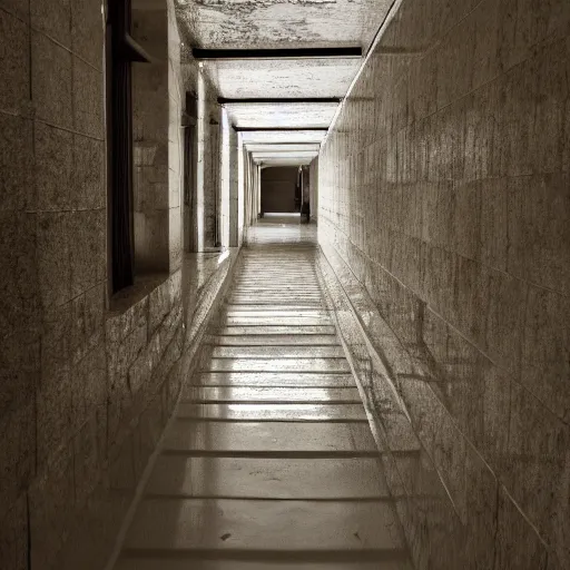 Image similar to an endless hallway with shallow water at the bottem of it, liminal