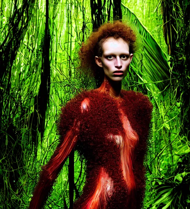 Image similar to photography portrait of one female fashion model in rainforest, wearing fluid organic clothes designed by iris van herpen, creative colorfull - makeup, curly hair style half long, photography by paolo roversi nick knight, helmut newton, avedon, and araki, natural pose, highly detailed