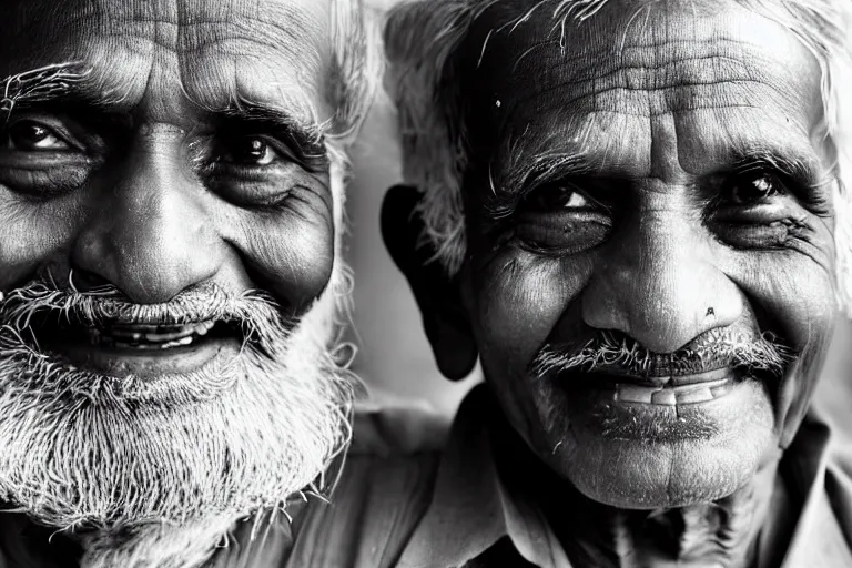 Prompt: still photo of an indian old man smiling at the camera on the street, black and white color aesthetic, highly detailed, photorealistic portrait, bright studio setting, studio lighting, crisp quality and light reflections, unreal engine 5 quality render