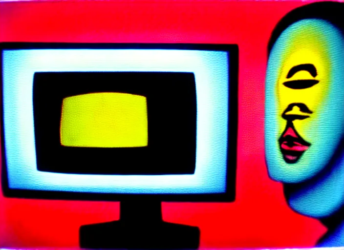 Prompt: a surreal painting of a crt television broadcasting propaganda out of the screen, this results in lots of people with no eyes. there is one normal person with eyes, a young man, he looks tall and strong but he is frightened about what is going on around him s 1 5 0