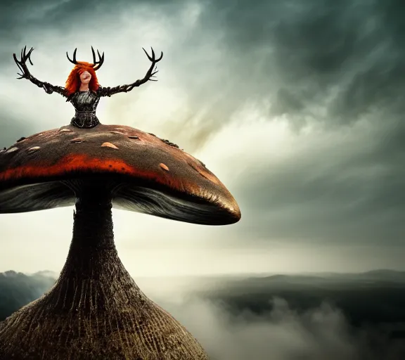 Image similar to a photo of an armored woman warrior redhead with antlers sitting on a giant mushroom that covers a whole village and reaches above the clouds by luis royo. intricate. lifelike. soft light. sony a 7 r iv 5 5 mm. cinematic post - processing