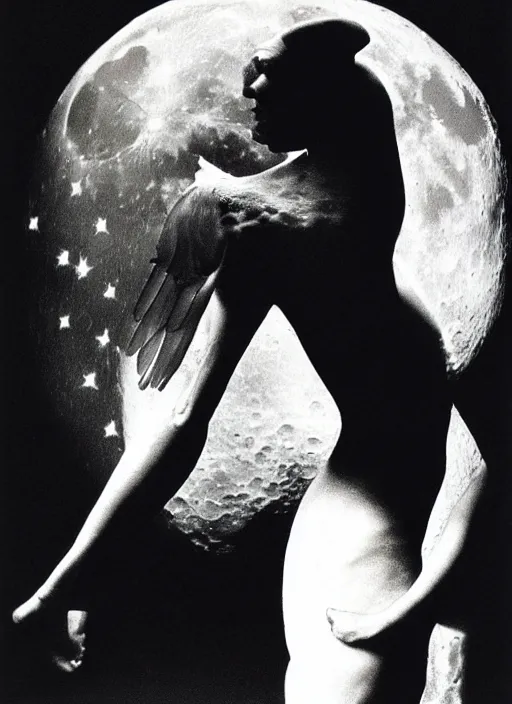 Image similar to helmut newton photograph of a man with the moon for a face, swan wings, a tree body, 3 5 mm, studio lighting