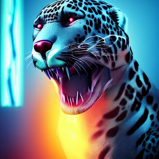 Prompt: portrait of a neon cyberpunk jaguar animal snarling, octane render