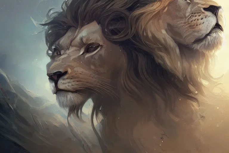 Image similar to lyran starseed, lion face, lion head, intricate, elegant, highly detailed, digital painting, artstation, concept art, smooth, sharp focus, illustration, art by Krenz Cushart and Artem Demura and alphonse mucha