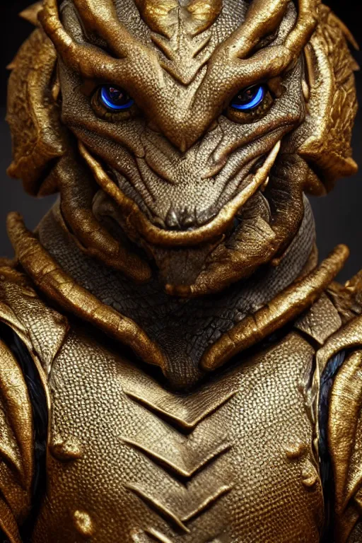 Prompt: a bronze-scaled dragonborn with numerous hornlike protrusions, dnd, fantasy, concept art, symmetrical face, reptilian features, beautiful bronze textured scales, glowing eyes, portrait, character portrait, Damien Guimoneau, Marcus Whinney, Keita Okada, Antonio J. Manzanedo, cinematic vision, ultra high detail, trending on artstation, 8k, high quality image