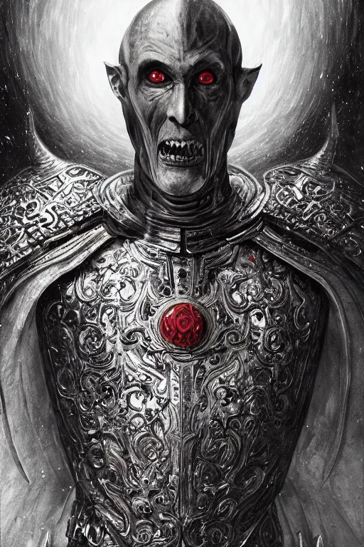 Image similar to full body concept art of Count Orlok wearing Polish Winged Hussars armor made with porcelain by Jeff Easley and Peter Elson + beautiful eyes, beautiful face + symmetry face + galaxy + gothic, surreal, dread + highly detailed, intricate complexity, epic composition, magical atmosphere + masterpiece, award winning + trending on artstation + shallow depth of field