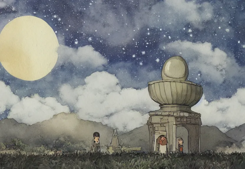 Prompt: a hyperrealist watercolor concept art from a studio ghibli film showing one giant grey alien. a temple is under construction in the background in india on a misty and starry night. by studio ghibli. very dull muted colors