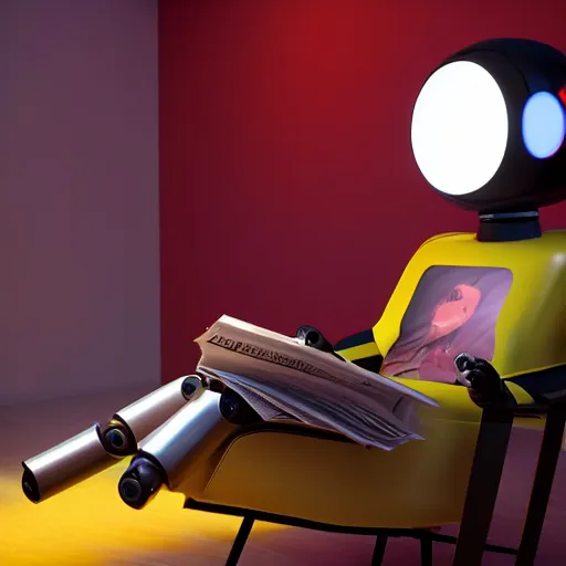 Image similar to futuristic studious matte yellow and red and chrome full-body humanoid robot with two huge round expressive sad purple glowing LED eyes and open rectangular mouth sitting on a large comfortable cushioned 1950s vintage recliner reading a newspaper. open newspaper. Cinematic Movie Photograph, Arri Alexa, Extremely Detailed, smooth, very very clean, 8K, octane render, maya render, unreal engine, trending on artstation, DSLR, excellent composition, center frame