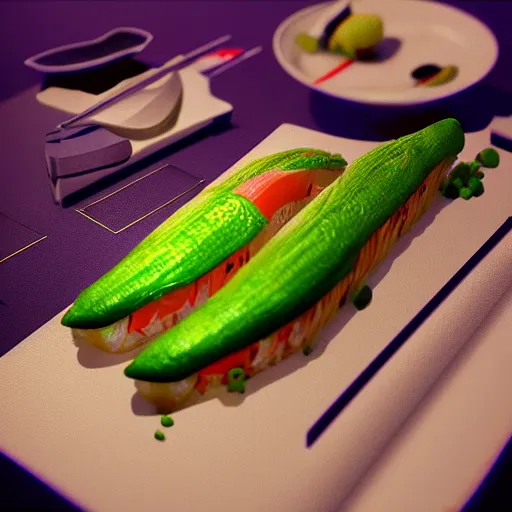 Prompt: alien sushi and sashimi, photorealistic, photo art, raytracing global illumination, award - winning photography, trend on artstation