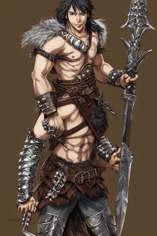 Image similar to A realistic anime portrait of a young handsome male barbarian with long wild hair, intricate fantasy spear, plated armor, D&D, dungeons and dragons, tabletop role playing game, rpg, jrpg, digital painting, by Yusuke Murata, concept art, highly detailed, promotional art, HD, digtial painting, trending on ArtStation, golden ratio, rule of thirds, SFW version