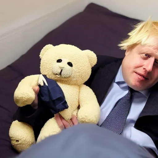 Image similar to boris johnson tucked in bed cuddling a teddy