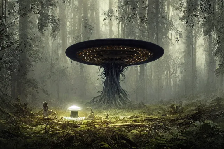 Prompt: ufo in a forest, concept art, intricate details, eerie, highly detailed, photorealistic, octane render, 8 k, unreal engine. art by greg rutkowski and james gurney and h r giger