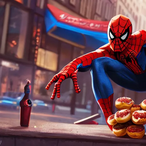 Image similar to spider - man eating donuts and seating on the raccoon, concept art, trending on artstation, highly detailed, intricate, sharp focus, digital art, 8 k